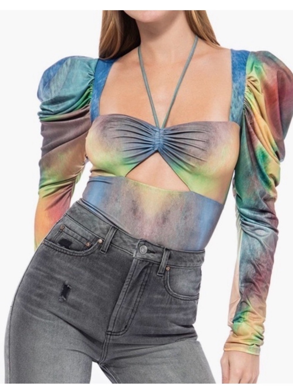 AFRM X Revolve Coppelia Long Sleeve Radical Multi Watercolor Bodysuit Sz M NWT
